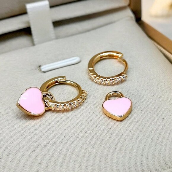 Pink Sexy Women's Cubic Zirconia Decor Heart Drop Earrings Valentines - Picture 4 of 4